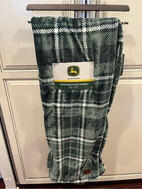 John Deere Green White Plaid Oversized Plush Throw Blanket